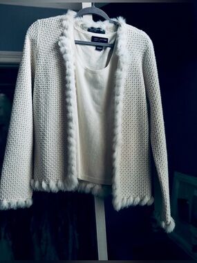 Vintage Designer Angora Wool Knit Top & Cardigan Sweater Rabbit Fur Ivory Set